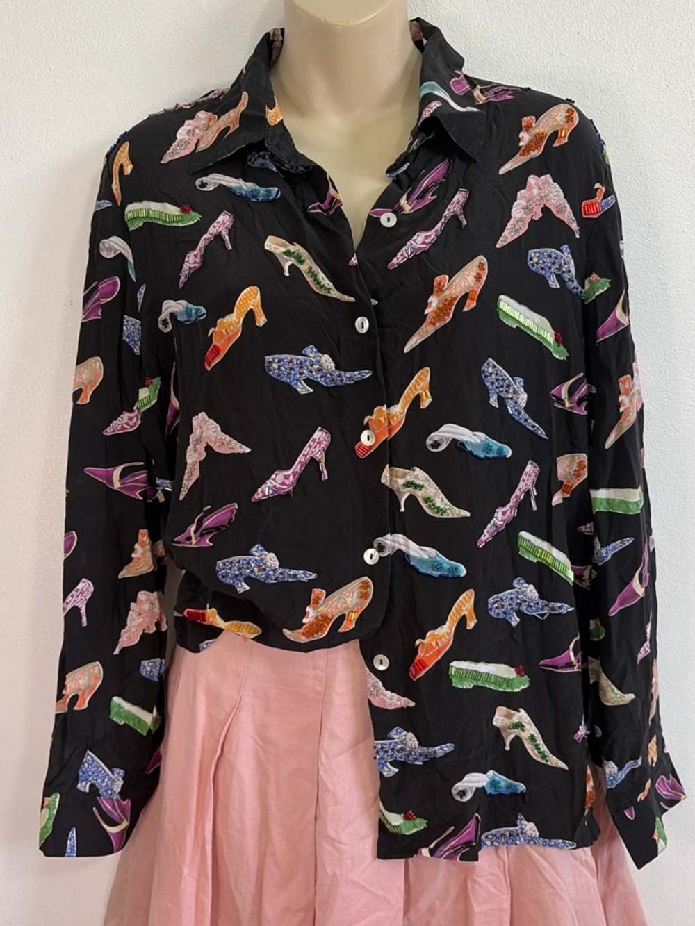 Black Silk Colorful Shoe Print Button-Up Blouse Nicole Taylor